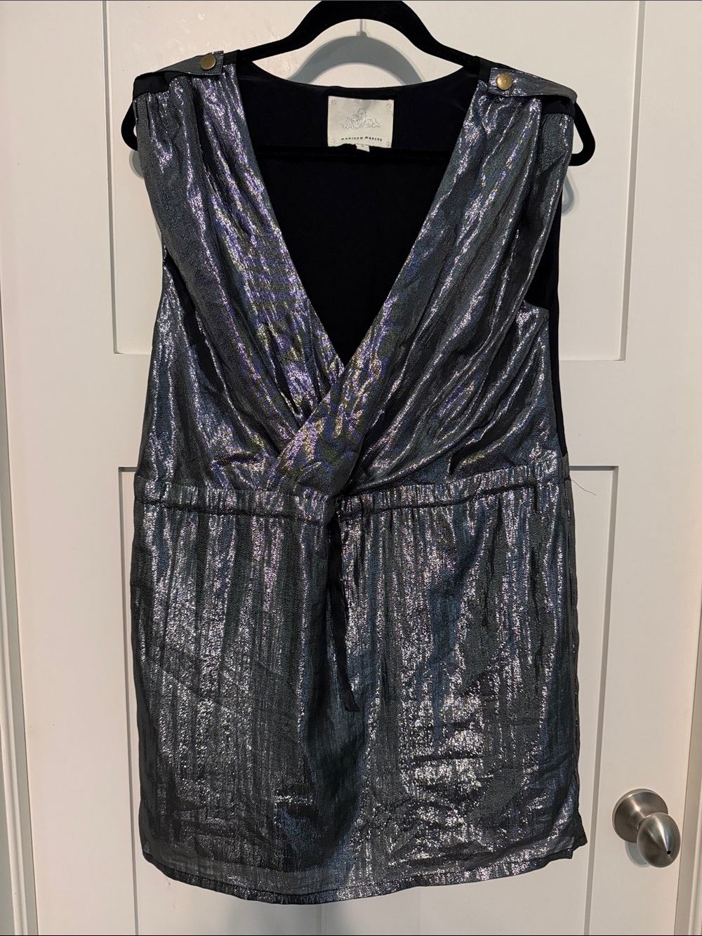 Madison Marcus Iridescent Silk Blend Gunmetal Sleeveless V-Neck Mini Dress